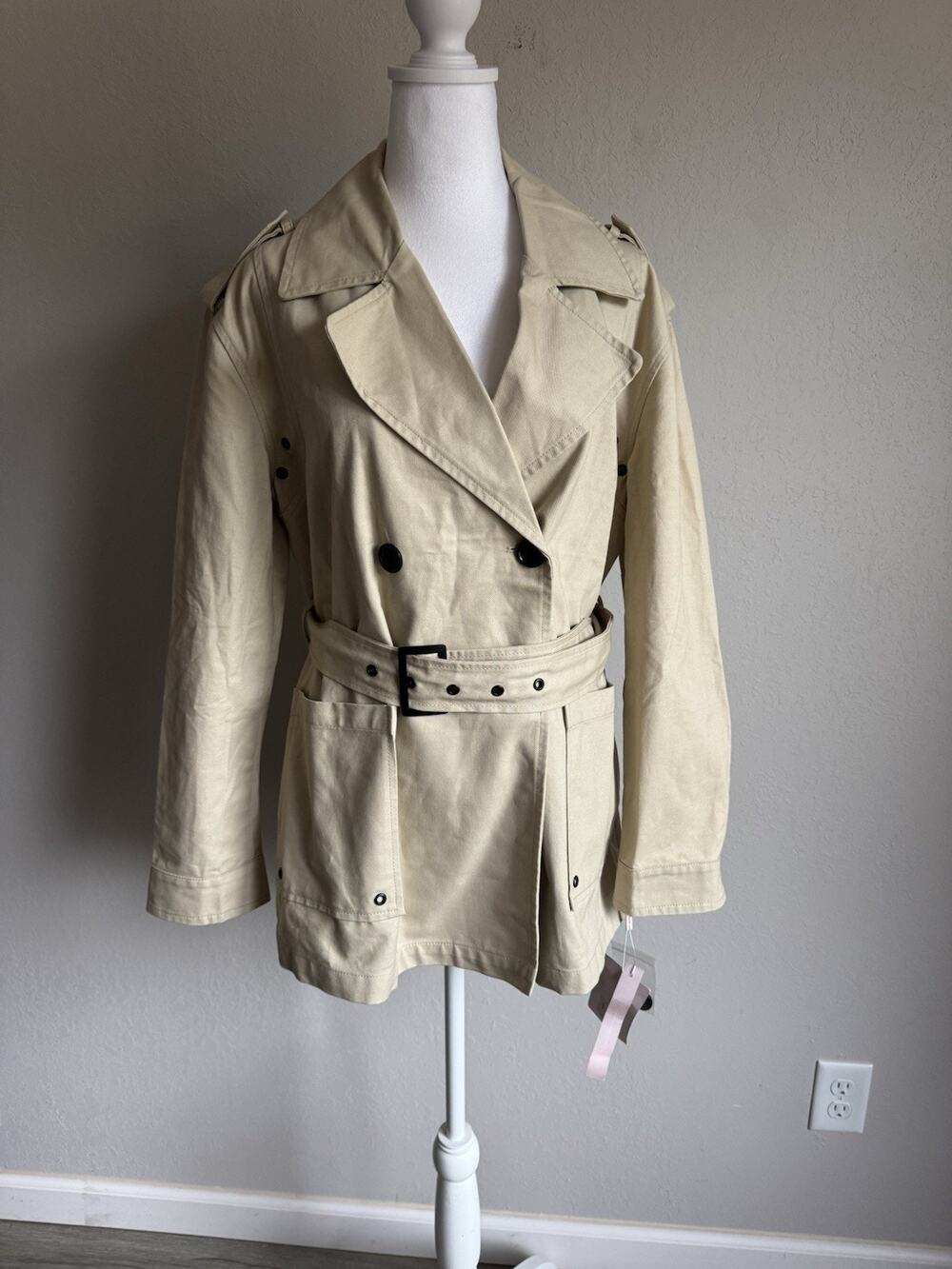 NWT Avec Les Filles Light Canvas Double Breasted Belted Trench Coat Womens M